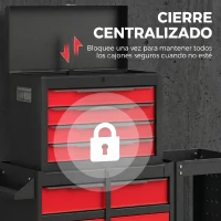 HOMCOM Carro de Herramientas con Ruedas 3 en 1 con 5 Cajones y Armario Inferior Paneles Perforados y Cerradura Negro y Rojo(m-9)