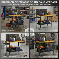 HOMCOM Banco de Trabajo con Panel Perforado Mesa de Trabajo con Enchufes Luz LED Ruedas Marco de Metal Negro y Amarillo(m-9)