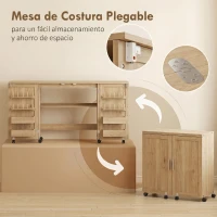 HOMCOM Mesa de Costura Plegable con 6 Ruedas 20 Clavijas para Hilos 4 Compartimentos Estante Roble(m-5)