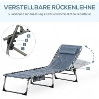 Outsunny Sonnenliege, Faltbare Gartenliege, Klappliege mit Kissen, 5-stufige Rückenlehne, Oxfordstoff, 188 x 57 x 30 cm, Grau(m-4)