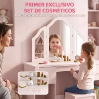 AIYAPLAY Tocador de Maquillaje Niñas con Taburete 3 Espejos Desmontables 2 Cajones 2 Armarios 7 Accesorios para +3 Años Rosa(m-7)