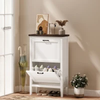 HOMCOM Shoe Cabinet with 2 Flip Drawers, Farmhouse Narrow Shoe Storage Cabinet with Adjustable Shelves, White(m-10)