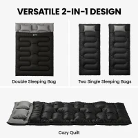 Outsunny Double Sleeping Bag with 2 Pillows, 220 x 160 cm Extra-Large Sleeping Bag for Adults, Black(m-4)