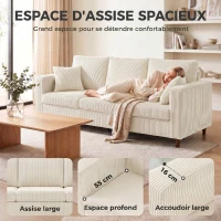 HOMCOM Canapé 3 Places en Velours Côtelé, Canapé de Salon Moderne 225 cm, Assise Large, Coussin à Ressorts, Crème(m-4)