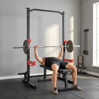 SPORTNOW Power Tower Multifonction Charge 500 kg, Barre de Traction, Rack de Squat, Supports pour Disques, 157x105x205cm, Rouge(m-5)