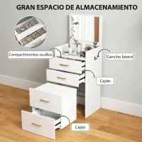 HOMCOM Tocador de Maquillaje con Taburete 3 en 1 con Espejo Cajones y Tablero de Vidrio Visible 48x40x90 cm Blanco(m-6)