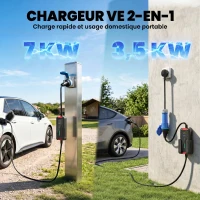HOMCOM Chargeur Voiture Électrique Type 2, 7kW, 6-32A, 8m, Prise CEE, Adaptateur Européen, Écran LCD, IP65, 21x8,5x5cm, Noir(m-4)