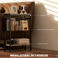 HOMCOM Mesa Auxiliar Estrecha de 3 Niveles con Estantes Abiertos y Estructura de Acero para Salón Dormitorio 43x18x62,5cm Roble(m-4)