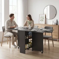 HOMCOM Mesa de Cocina Plegable con 2 Ruedas 2 Estantes de Almacenaje y 2 Alas Abatibles Estilo Moderno 75x140x74 cm Negro(m-10)
