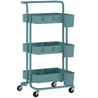 HOMCOM Chariot à 3 niveaux desserte avec 4 crochets et 3 boîtes suspendues amovibles pour 42 x 38 x 86,5 cm bleu-vert(m-1)