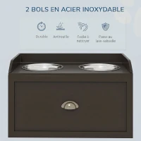 PawHut Gamelles Chiens Surélevées, Porte-Gamelles Surélevé Rangement 2 en 1, Tiroir, 2 Gamelles, 60x30x36cm, Marron Café(m-6)