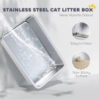 PawHut Lettiera per Gatti XXL in Acciaio Inox con Paletta, Lati Alti, Antiperdita, Antiodore, Fino a 12 kg, Grigio(m-4)