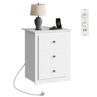 Nachttisch mit 3 Schubladen, integrierte Ladestation, modernes rustikales Design, 46.5x39.6x58.7 cm, Weiß(m-1)