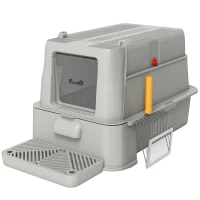 PawHut Caixa de Areia para Gatos de Aço Inoxidável XL com Tampa Articulada 180° Laterais Altas Pedal Pá 63x43x43 cm Cinza Claro(m-1)