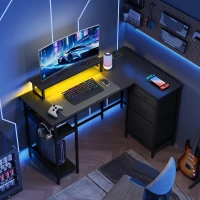 L-förmiger Eckschreibtisch mit integrierter LED-Beleuchtung, 3 Stoffschubladen, 2 offene Ablagen, 123x80x75 cm, Schwarz(m-2)