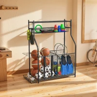 SPORTNOW Organizador de Equipamentos Desportivos com Cesta Ganchos Removíveis e Faixas Elásticas Suporte para Bolas 92x42x109 cm Preto(m-10)