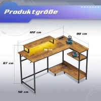 L-förmiger Eckschreibtisch mit RGB-LED, offene Ablagefächer, ergonomischer Monitoraufsatz, 122x80x87.5 cm, Braun(m-7)