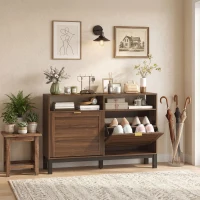 HOMCOM Shoe Cabinet with 2 Flip Drawers, Narrow Shoe Storage Top for Entryway Hallway, Rustic Brown(m-10)