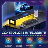 L-förmiger Eckschreibtisch mit integrierter LED-Beleuchtung, 3 Stoffschubladen, 2 offene Ablagen, 123x80x75 cm, Schwarz(m-4)