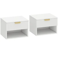 HOMCOM Juego de 2 Mesitas de Noche Flotantes con Cajón con Frente Acanalado y Estante Abierto 40x34x29 cm Blanco(m-1)
