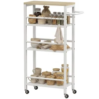 HOMCOM Carrinho Auxiliar com Rodas 4 Níveis Carrinho de Cozinha com Toalheiro e 6 Ganchos para Sala de Jantar 50x20x81 cm Carvalho(m-10)