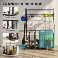 SPORTNOW Organizador de Equipamentos Desportivos com Cesta Ganchos Removíveis e Faixas Elásticas Suporte para Bolas 92x42x109 cm Preto(m-4)