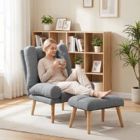 HOMCOM Recliner Chair with Footstool, Recliner Armchair with Adjustable Backrest, Thick Cushion and Wooden Legs, Grey(m-9)