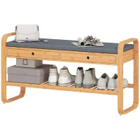 HOMCOM Shoe Bench with 2 Drawers Cushioned Seat Shoe Storage Bench for Hallway 105 cm Natural and Grey(m-11)