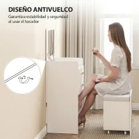 HOMCOM Tocador de Maquillaje con Taburete 3 en 1 con Espejo Cajones y Tablero de Vidrio Visible 48x40x90 cm Blanco(m-7)