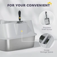 PawHut Lettiera per Gatti XXL in Acciaio Inox con Paletta, Lati Alti, Antiperdita, Antiodore, Fino a 12 kg, Grigio(m-8)