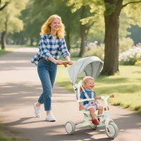 AIYAPLAY Triciclo per Bambini 5 in 1 con Maniglione di Spinta e Copertura Rimovibile, 96.5x49x101 cm, Bianco Crema(m-9)