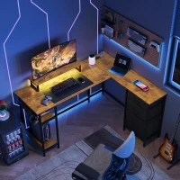 L-förmiger Eckschreibtisch mit LED-Beleuchtung, erhöhter Monitoraufsatz + Kopfhörerhaken, 142x118x87.5 cm, Braun(m-2)