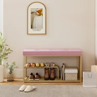 HOMCOM Bench and Shoe Storage, Tufted Shoe Storage Bench with Velvet Seat Cushion Gold Steel Frame for Entryway, Pink(m-8)