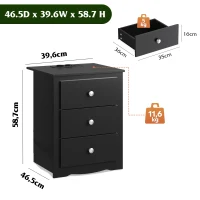 Nachttisch mit 3 Schubladen, integrierte Ladestation, modernes rustikales Design, 46.5x39.6x58.7 cm, Schwarz(m-7)