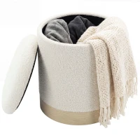 HOMCOM Taburet rotund 38 cm cu husă Sherpa, depozitare și picior metalic cu aspect de lemn, crem(m-8)