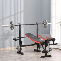 HOMCOM Banco de Musculación Multifuncional, Banco de Pesas con Respaldo Ajustable, Soporte para Barras Regulable, Extensión de Piernas, Curl de Predicador, Mariposa, Entrenamiento Casa Gimnasio, Rojo(m-10)