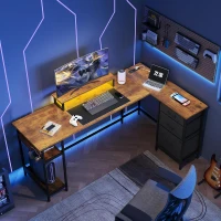 L-förmiger Eckschreibtisch, app‑steuerbare LED und integrierte Stromstation, 167.5x50x87.5 cm, Braun(m-2)