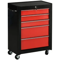 HOMCOM Chariot à outils sur roulettes, Servante d'atelier en acier 5 tiroirs verrouillable 2 clés, 61,5 x 33 x 82,5 cm, rouge(m-1)