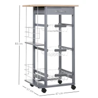 HOMCOM Carrito Auxiliar con Ruedas Carrito de Cocina con 3 Cestas Metálicas Cajón 2 Especieros 47x37x83 cm Gris(m-3)
