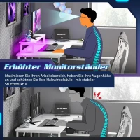 L-förmiger Eckschreibtisch mit RGB-LED, offene Ablagefächer, ergonomischer Monitoraufsatz, 122x80x87.5 cm, Weiß(m-6)