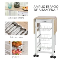 HOMCOM Carrito Auxiliar Plegable Carrito de Cocina con 6 Ruedas 1 Cajón y 3 Cesta de Metal 97,2x37x77,5 cm Blanco y Roble(m-6)