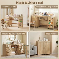 HOMCOM Mesa de Costura Plegable con 6 Ruedas 20 Clavijas para Hilos 4 Compartimentos Estante Roble(m-6)