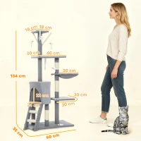 PawHut Árbol Rascador para Gatos Altura 134 cm con 6 Postes 3 Plataformas Cueva Hamaca Escalera 4 Juguetes Colgantes Gris(m-3)