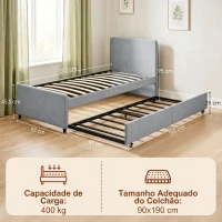 HOMCOM Cama Nido Individual 90x190 cm Estofada em Tecido Efeito Linho com Cabeceira e Estrado Metálico Cinzento Claro(m-3)