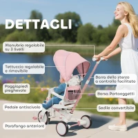 AIYAPLAY Triciclo per Bambini 5 in 1 con Maniglione di Spinta e Copertura Rimovibile, 96.5x49x101 cm, Rosa(m-8)
