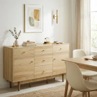 HOMCOM Sideboard with 5 Drawers and 2 Cabinets Buffet Cabinet with Solid Wood Legs 136 cm Walnut(m-10)
