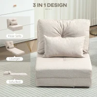 HOMCOM Divano Letto Futon Pieghevole 3 in 1 con 2 Cuscini Lavabile, Reclinabile 5 Posizioni in Lino, Beige(m-5)