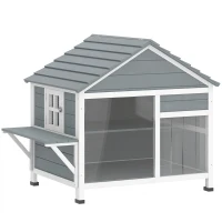 PawHut Maison pour Chat Extérieur Toit Ouvrant Fenêtre Panoramique Porte à Lamelles et Plateforme de Repos 101x72,5x81cm Gris(m-1)