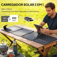 HOMCOM Painel Solar Dobrável 36W com Entradas USB-A e Tipo C IP67 Impermeável Superfície de ETFE para Carregar Telemóveis Tablets 89,8x27,9x1 cm Cinzento(m-4)