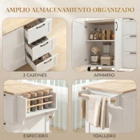 HOMCOM Isla de Cocina con Encimera Extensible Estación de Carga Ruedas 2 Puertas 3 Cajones Especiero y Toallero Blanco(m-6)